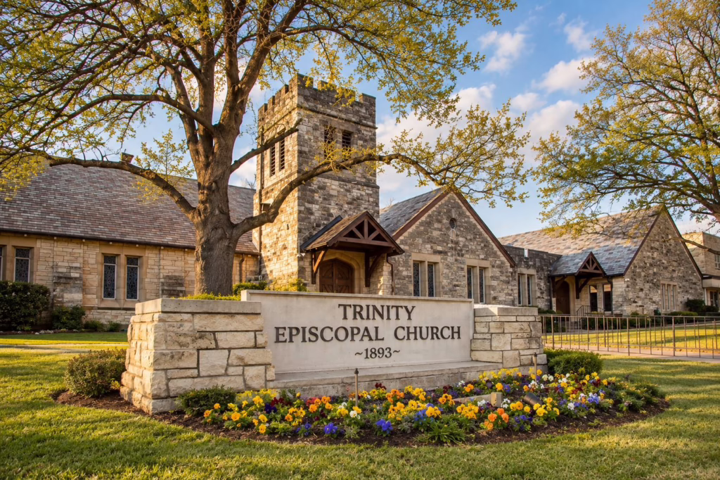 Trinity Episcopal Church, Fort Worth, with its stone bell tower and the church sign reading Trinity Episcopal Church, 1893