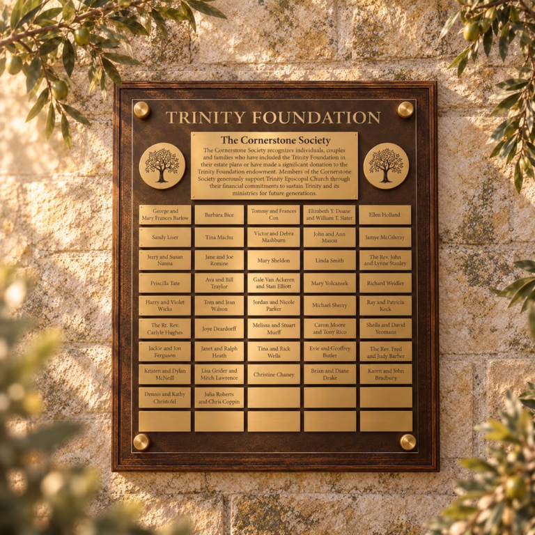 The Trinity Foundation Cornerstone Society bronze plaque listing member names, mounted on limestone
