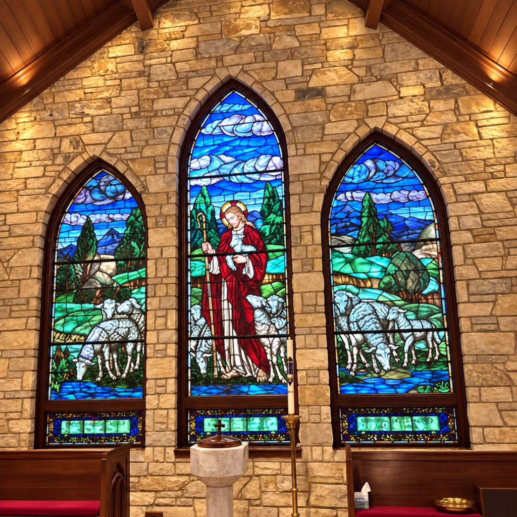 Three stained glass windows in the nave of Trinity Episcopal Church, the center window depicting Christ the Good Shepherd